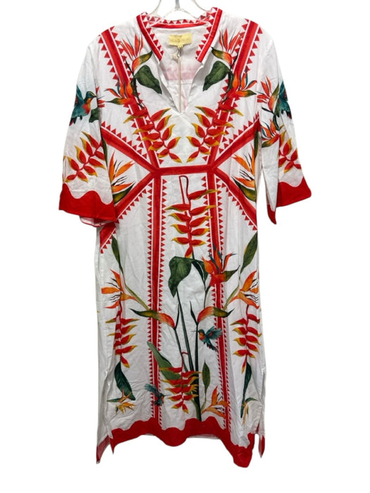 Isla Payal Size XS White, Red & Green Cotton 1/2 Sleeve Floral V Neck Maxi Dress White, Red & Green / XS