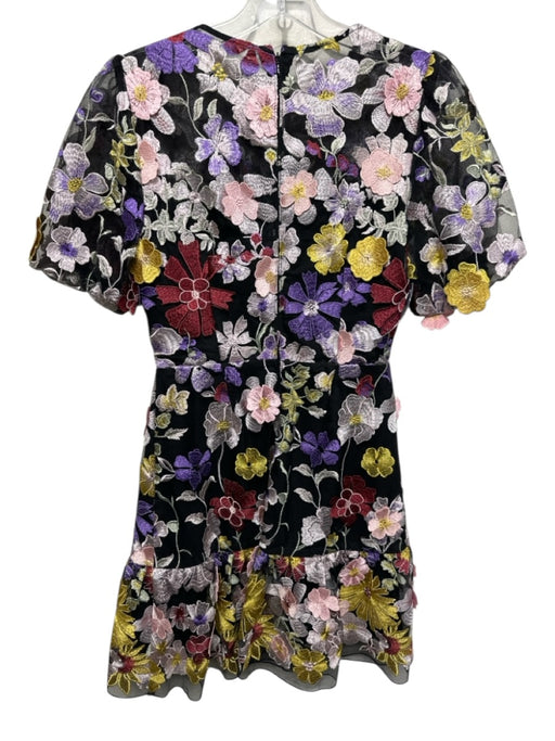 Milly Size 0 Black, Pink & Multi Polyester Sheer Overlay Floral Applique Dress Black, Pink & Multi / 0
