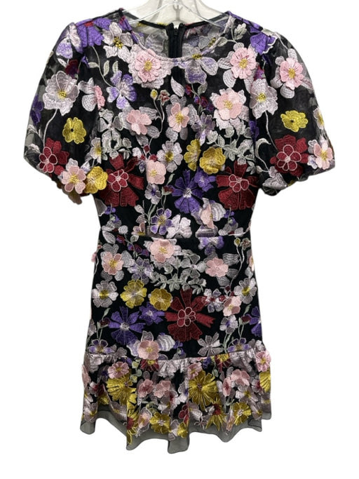 Milly Size 0 Black, Pink & Multi Polyester Sheer Overlay Floral Applique Dress Black, Pink & Multi / 0