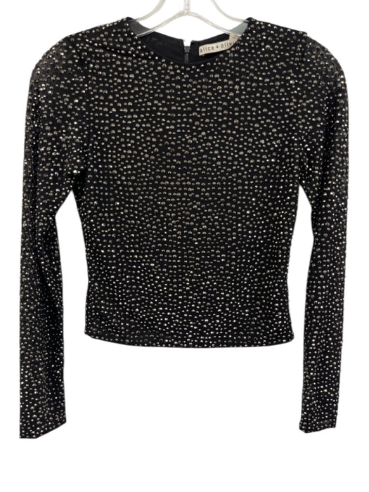 Alice + Olivia Size XS Black & Silver Nylon Blend Rhinestone Long Sleeve Top Black & Silver / XS