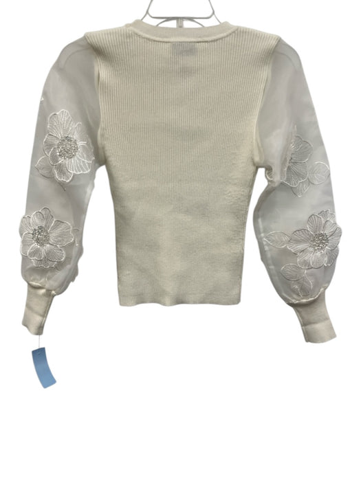 Milly Size P Off White Viscose Blend Ribbed 3D floral applique Sheer Sleeve Top Off White / P