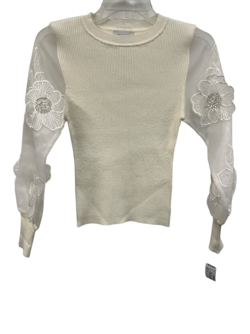 Milly Size P Off White Viscose Blend Ribbed 3D floral applique Sheer Sleeve Top Off White / P