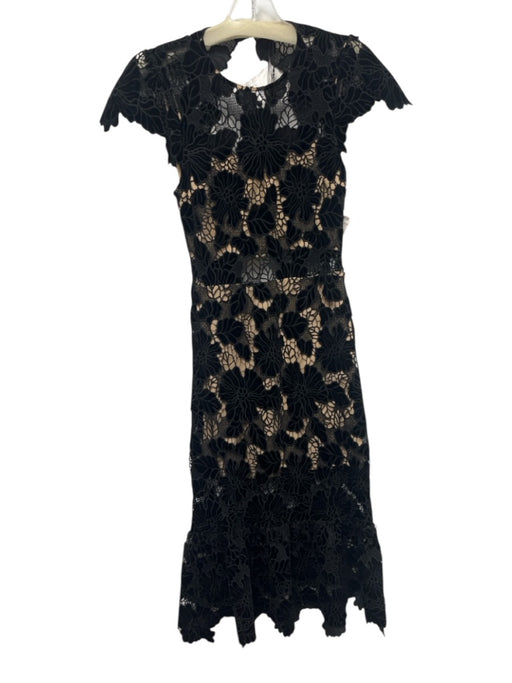 Alice & Olivia Size 2 Black Polyester Lace Velvet Accents Cap Sleeve Dress Black / 2