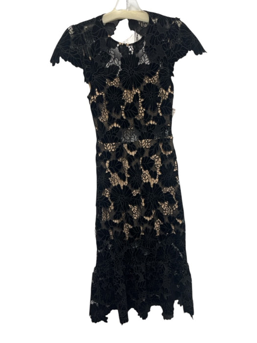 Alice & Olivia Size 2 Black Polyester Lace Velvet Accents Cap Sleeve Dress Black / 2