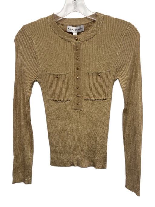 Karina Grimaldi Size XS Tan & Gold Viscose Metallic Thread Patch Pocket Sweater Tan & Gold / XS