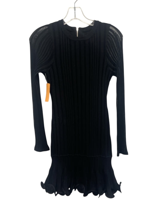 Milly Size P Black Viscose Blend Long Sleeve Ribbed Flare Curled Hem Dress Black / P