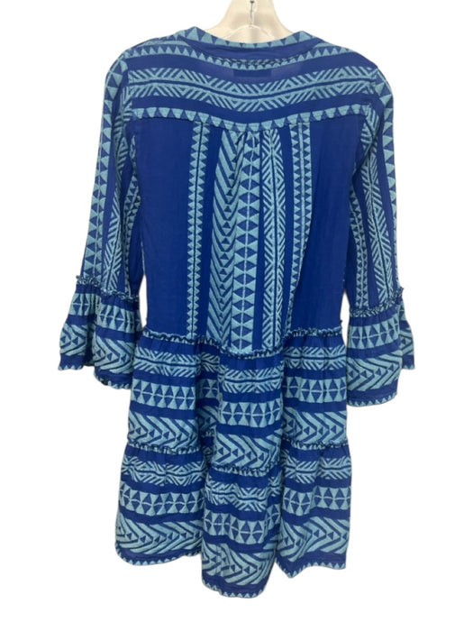Devotion Twins Size S Blue Print Cotton Embroidered Geometric 3/4 Sleeve Dress Blue Print / S
