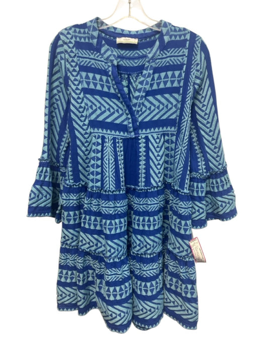 Devotion Twins Size S Blue Print Cotton Embroidered Geometric 3/4 Sleeve Dress Blue Print / S