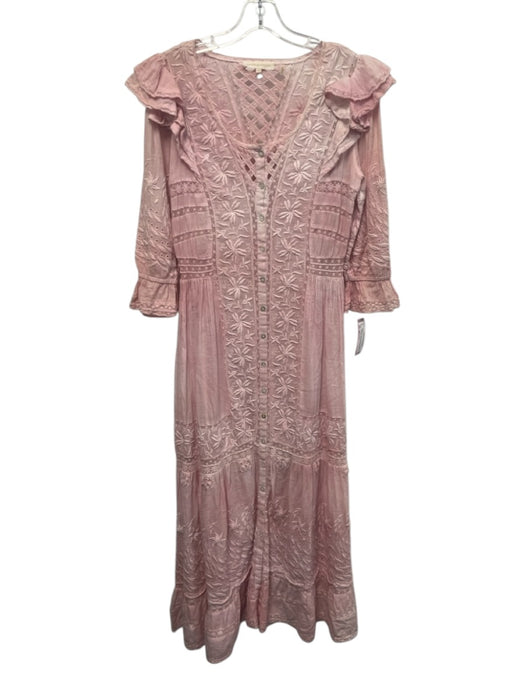 Loveshackfancy Size XS Pale Pink Cotton Button Neck Floral Embroidery Dress Pale Pink / XS