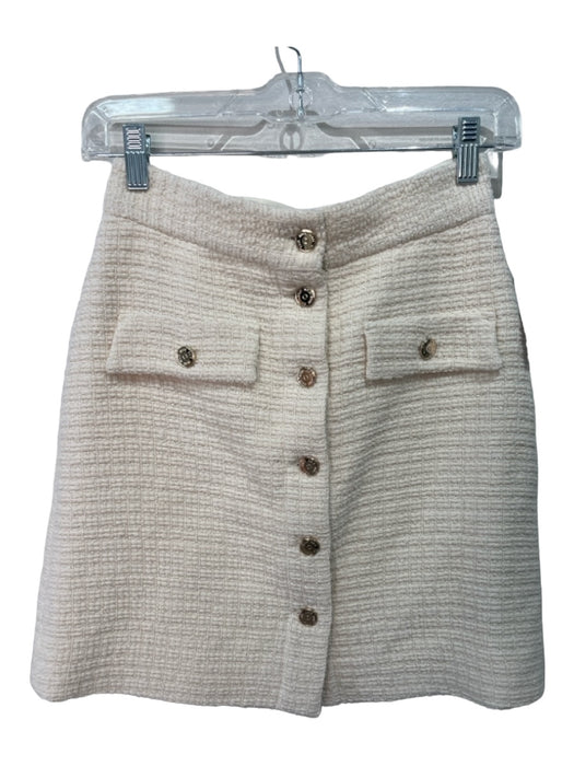 Maje Size 36 Cream White Cotton Tweed Button Front High Rise Gold Buttons Skirt Cream White / 36