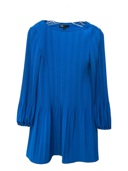 Maje Size 1 Cobalt Blue Polyester Boat Neck Long Sleeve Pleated Dress Cobalt Blue / 1