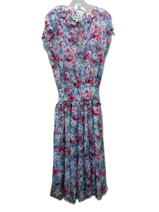 Clove Size 8/4 Pink, Blue & White Chiffon Sleeveless Floral Ruffle Accent Dress Pink, Blue & White / 8/4