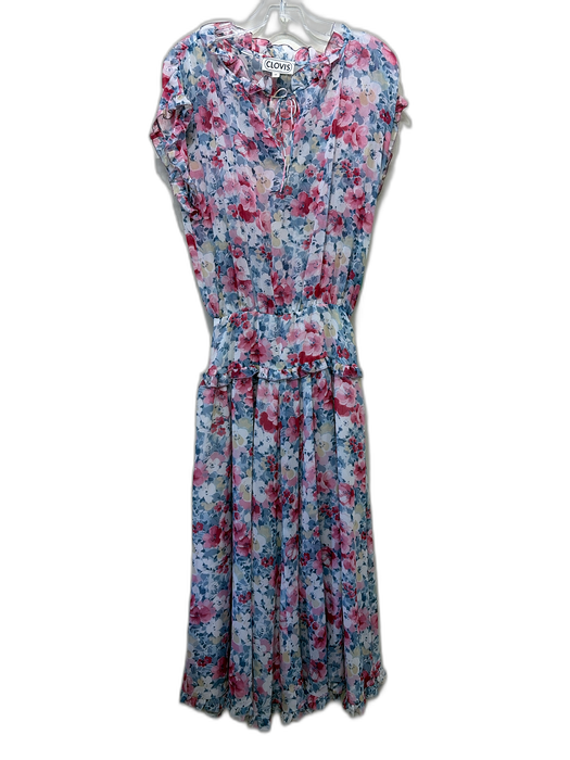 Clove Size 8/4 Pink, Blue & White Chiffon Sleeveless Floral Ruffle Accent Dress Pink, Blue & White / 8/4