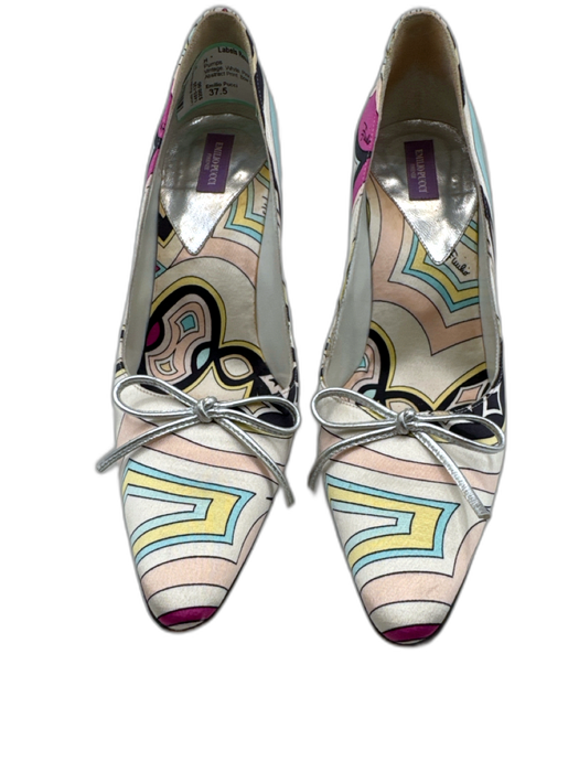 Emilio Pucci Shoe Size 37.5 White, Pink & Multi Satin Abstract Print Pumps White, Pink & Multi / 37.5