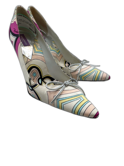 Emilio Pucci Shoe Size 37.5 White, Pink & Multi Satin Abstract Print Pumps White, Pink & Multi / 37.5