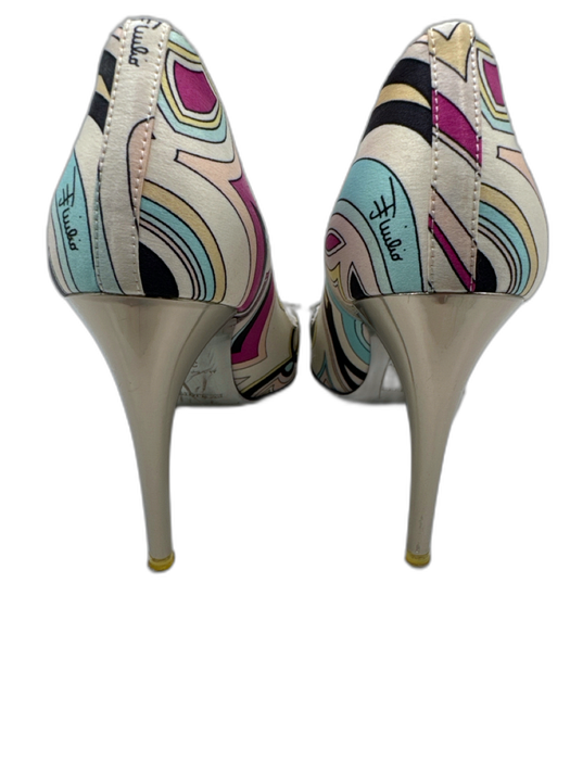 Emilio Pucci Shoe Size 37.5 White, Pink & Multi Satin Abstract Print Pumps White, Pink & Multi / 37.5