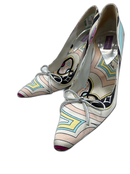 Emilio Pucci Shoe Size 37.5 White, Pink & Multi Satin Abstract Print Pumps White, Pink & Multi / 37.5