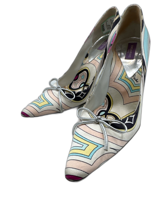Emilio Pucci Shoe Size 37.5 White, Pink & Multi Satin Abstract Print Pumps White, Pink & Multi / 37.5