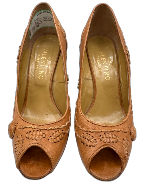 Valentino Shoe Size 37 Tan Leather Whipstitching Floral Peep Toe Wedge Pumps Tan / 37