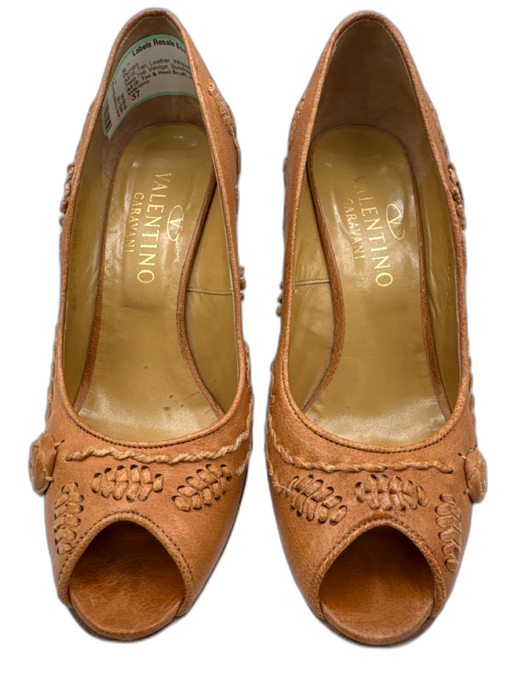 Valentino Shoe Size 37 Tan Leather Whipstitching Floral Peep Toe Wedge Pumps Tan / 37