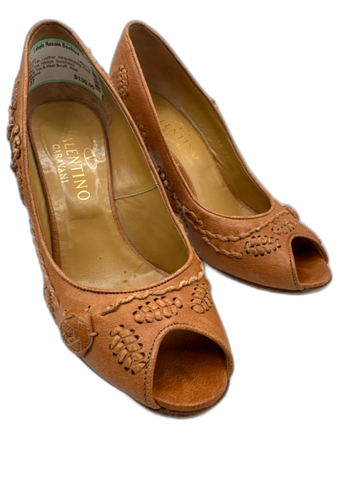 Valentino Shoe Size 37 Tan Leather Whipstitching Floral Peep Toe Wedge Pumps Tan / 37