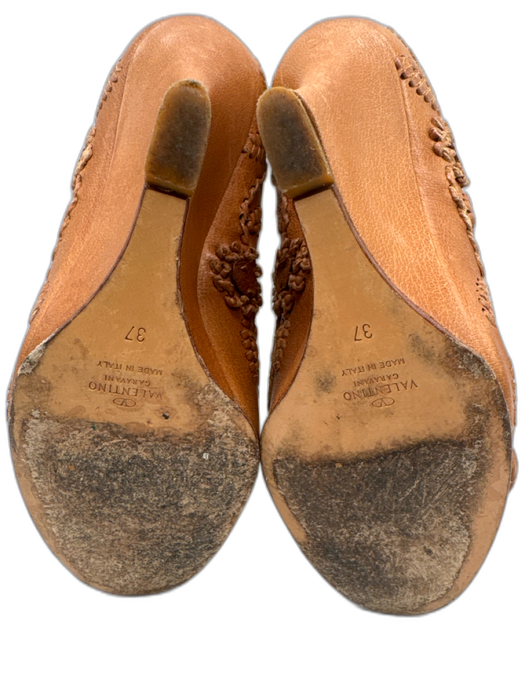 Valentino Shoe Size 37 Tan Leather Whipstitching Floral Peep Toe Wedge Pumps Tan / 37