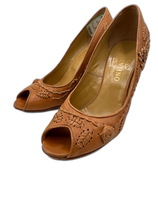 Valentino Shoe Size 37 Tan Leather Whipstitching Floral Peep Toe Wedge Pumps Tan / 37