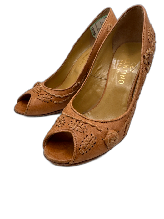 Valentino Shoe Size 37 Tan Leather Whipstitching Floral Peep Toe Wedge Pumps Tan / 37