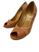 Valentino Shoe Size 37 Tan Leather Whipstitching Floral Peep Toe Wedge Pumps Tan / 37