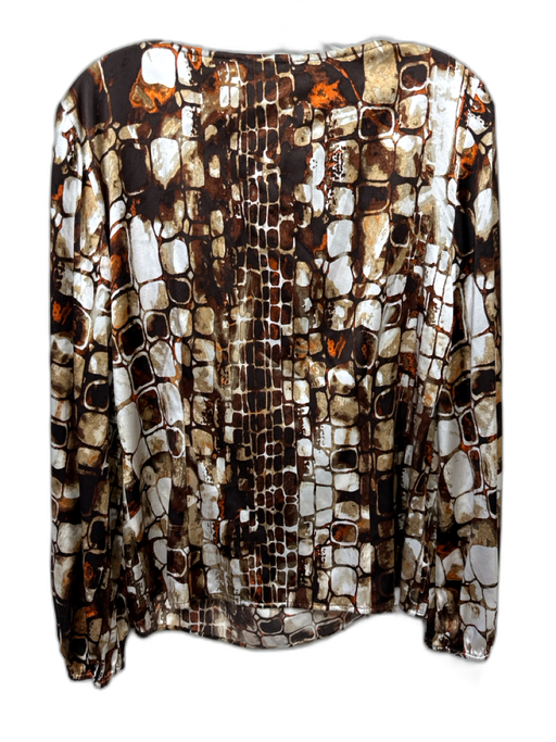 St. John Size 6 Brown, White & Orange Silk Blend Long Sleeve shoulder gather Top Brown, White & Orange / 6