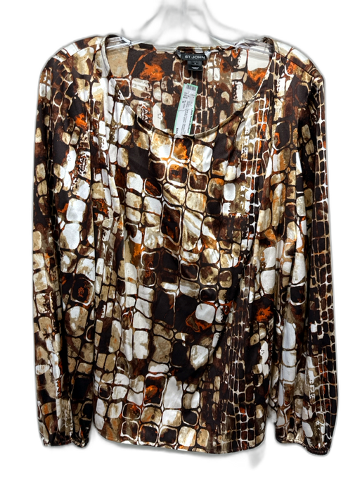 St. John Size 6 Brown, White & Orange Silk Blend Long Sleeve shoulder gather Top Brown, White & Orange / 6