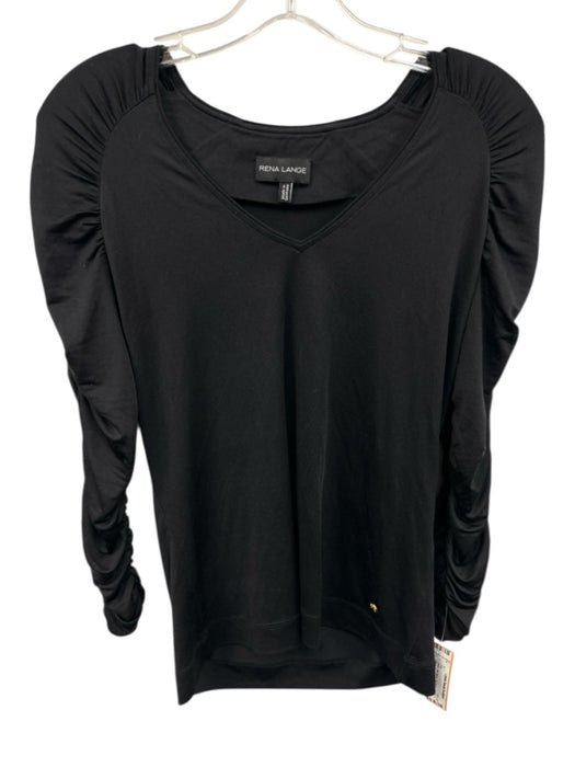 Rena Lange Size Medium Black Silk Blend 3/4 Sleeve Ruched V Neck Top Black / Medium
