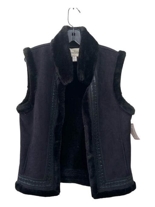 Neiman Marcus Size M Black Polyester Hook & Eye Faux Fur Trim Pockets Vest Black / M
