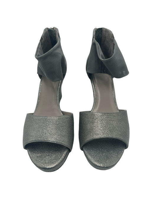 Eileen Fisher Shoe Size 8.5 Silver Pebbled Leather Mesh Open Toe Back Zip Wedges Silver / 8.5