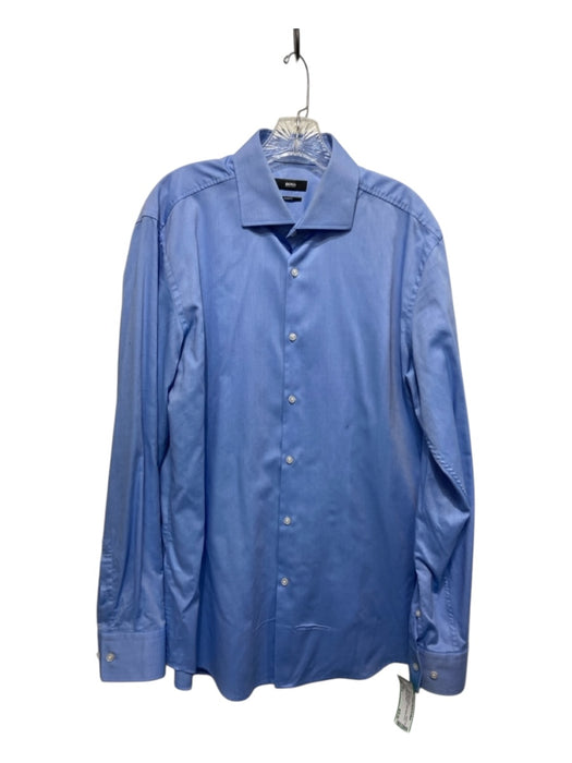 Boss Size 17.5 Blue Cotton Blend Solid Button Down Men's Long Sleeve Shirt 17.5