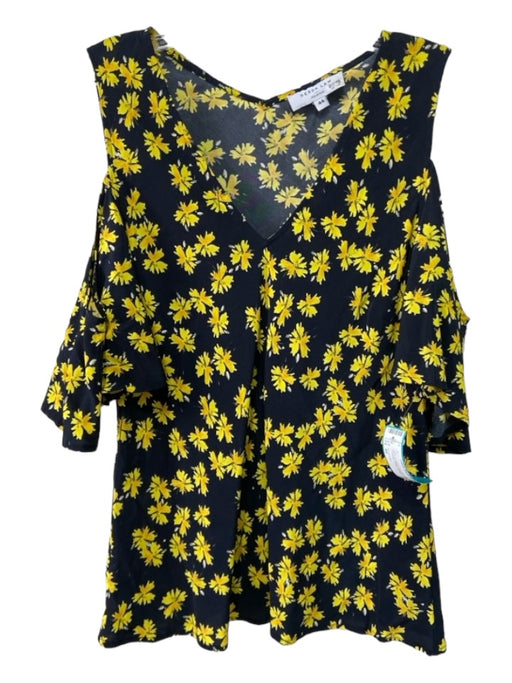 Derek Lam Size 44 Navy & Yellow Viscose & Rayon Cold Shoulder Floral V Neck Top Navy & Yellow / 44