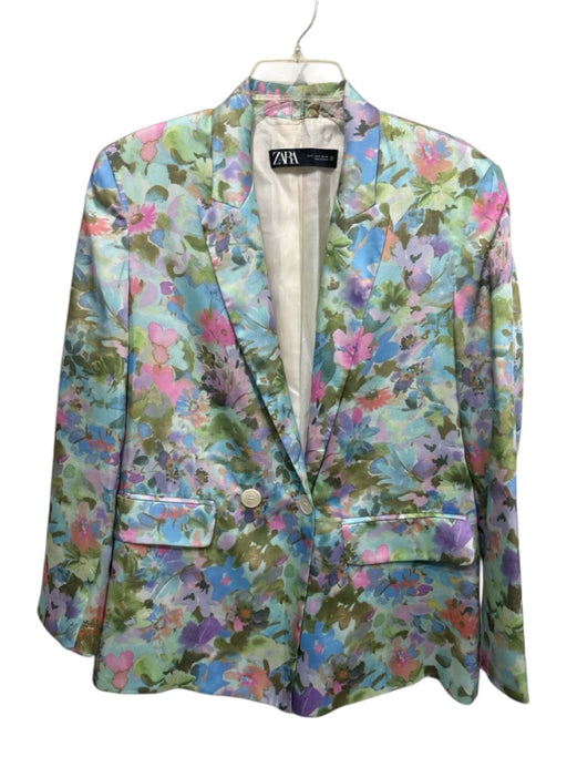 Zara Size Small Green, Blue, Pink Polyester Blend Floral Abstract Jacket Blazer Green, Blue, Pink / Small