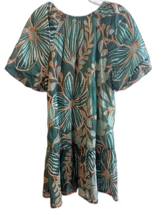 Marie Oliver Size Medium Green & Orange Cotton Flowers Stitch Detail Dress Green & Orange / Medium