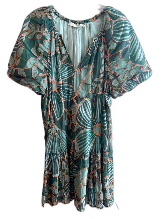 Marie Oliver Size Medium Green & Orange Cotton Flowers Stitch Detail Dress Green & Orange / Medium