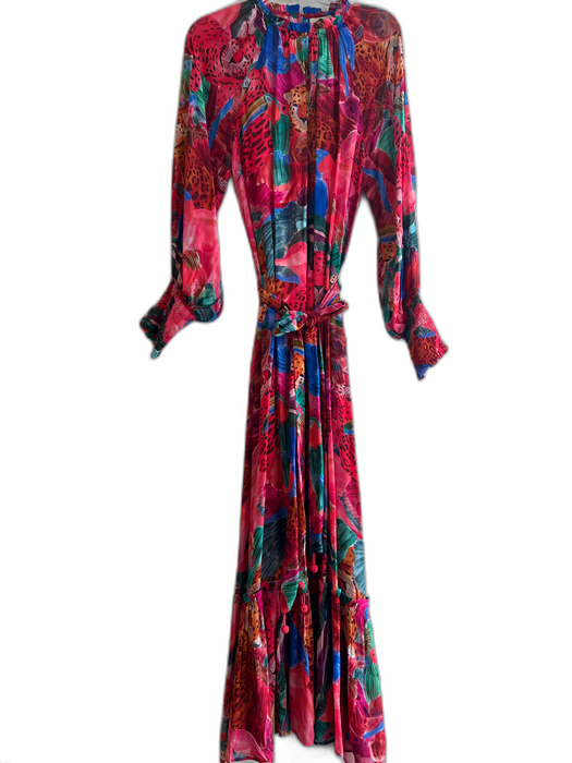 Farm Rio Size Medium Red, Blue & Mulit Long Sleeve Slip Inc Belt Animal Dress Red, Blue & Mulit / Medium