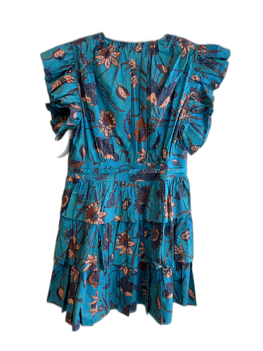 Ulla Johnson Size 10 Teal Multi Cotton floral print V Neck Tie At Waist Dress Teal Multi / 10