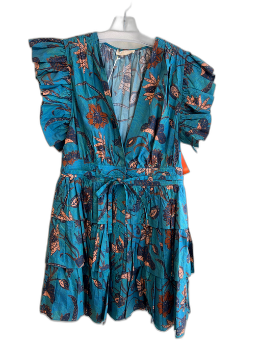 Ulla Johnson Size 10 Teal Multi Cotton floral print V Neck Tie At Waist Dress Teal Multi / 10