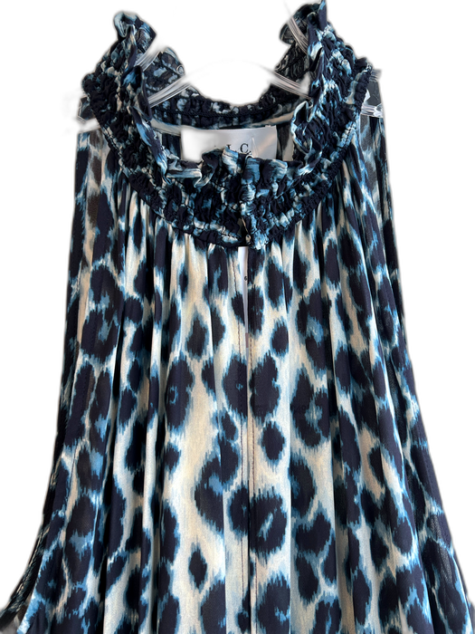 A.L.C. Size 12 Navy & Cream Silk Animal Print Sleeveless Lined V Neck Dress Navy & Cream / 12