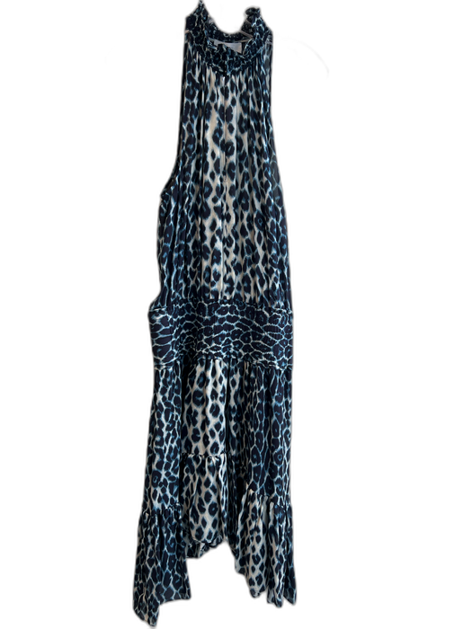 A.L.C. Size 12 Navy & Cream Silk Animal Print Sleeveless Lined V Neck Dress Navy & Cream / 12