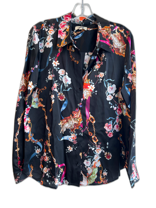 L'agence Size Large Black & Multi Silk Long Sleeve Collared buttondown print Top Black & Multi / Large