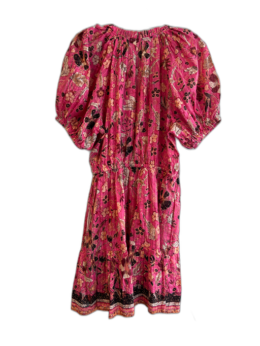Ulla Johnson Size 12 Rasberry & Multi Cotton Floral Round Split Neck Dress Rasberry & Multi / 12