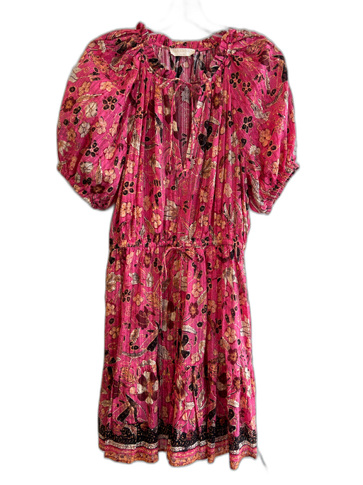Ulla Johnson Size 12 Rasberry & Multi Cotton Floral Round Split Neck Dress Rasberry & Multi / 12