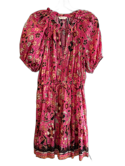 Ulla Johnson Size 12 Rasberry & Multi Cotton Floral Round Split Neck Dress Rasberry & Multi / 12