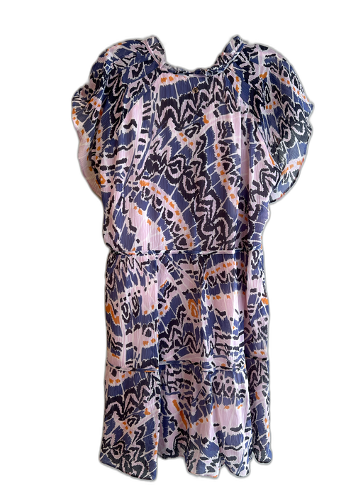 Marie Oliver Size 1 Pink, Blue & Gold Rayon & Silk Ikat Ruffle Neckline Dress Pink, Blue & Gold / 1