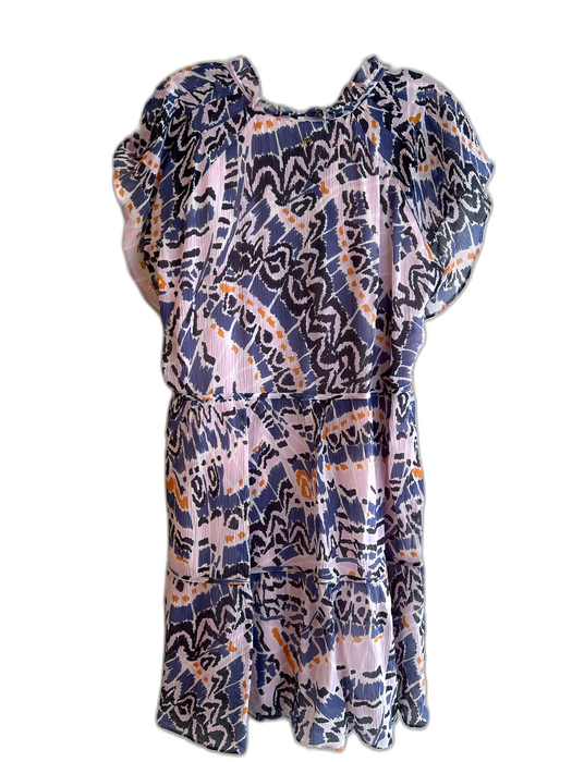 Marie Oliver Size 1 Pink, Blue & Gold Rayon & Silk Ikat Ruffle Neckline Dress Pink, Blue & Gold / 1